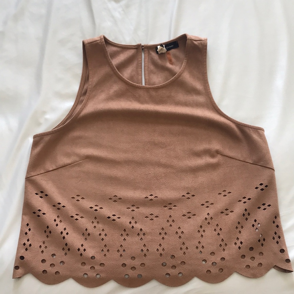 Brown suede blouse w eyelet trim